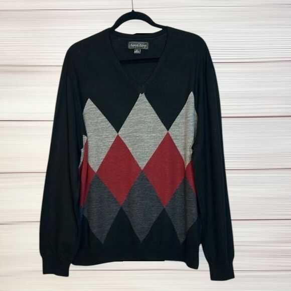 Kenneth Roberts Platinum Merino Wool Sweater Black Argyle V-neck Men’s size XL - Picture 1 of 9